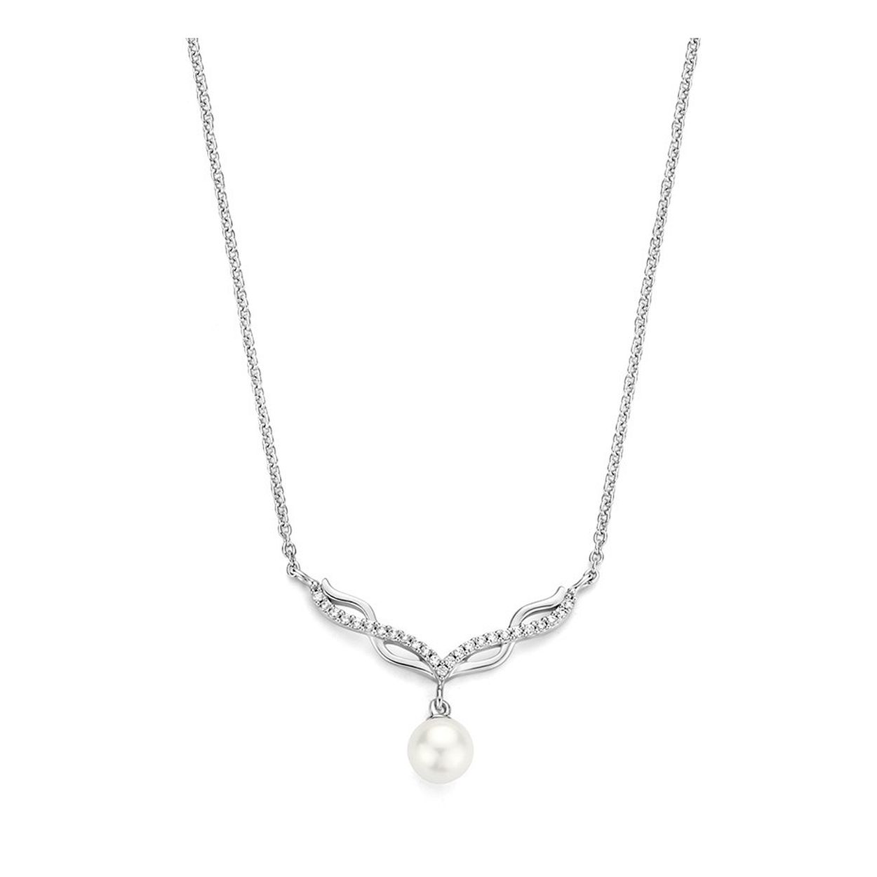 Gerhodineerd 925 zilveren collier uitgevoerd met een zoetwaterparel en een schitterende zirkonia rij. Het collier heeft een draaglengte van 42cm met een extensie van 3cm en een stevige karabijn sluiting.