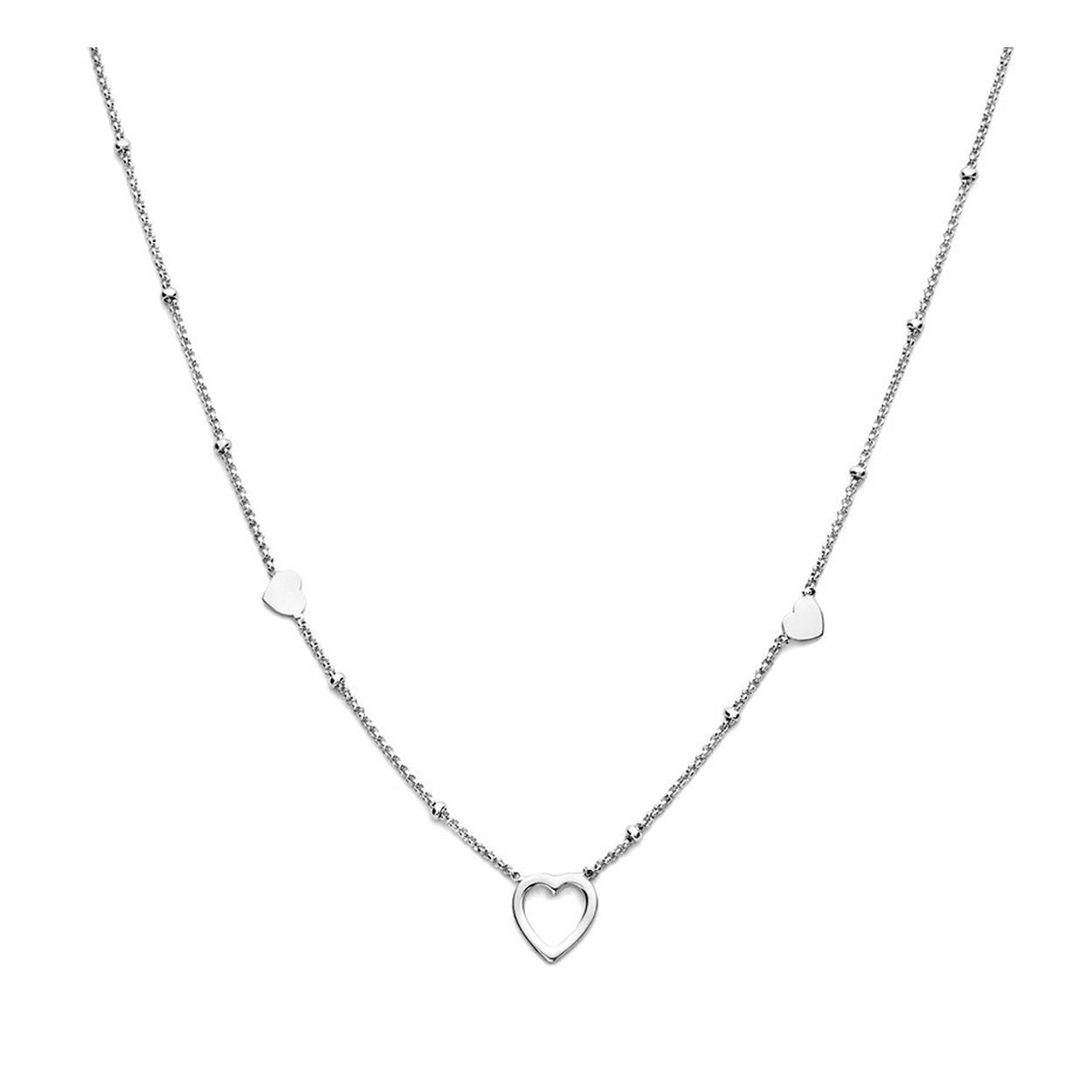 Gerhodineerd 925 zilveren collier uitgevoerd met hartjes. Het collier heeft een draaglengte van 36cm en een extensie van 3cm.