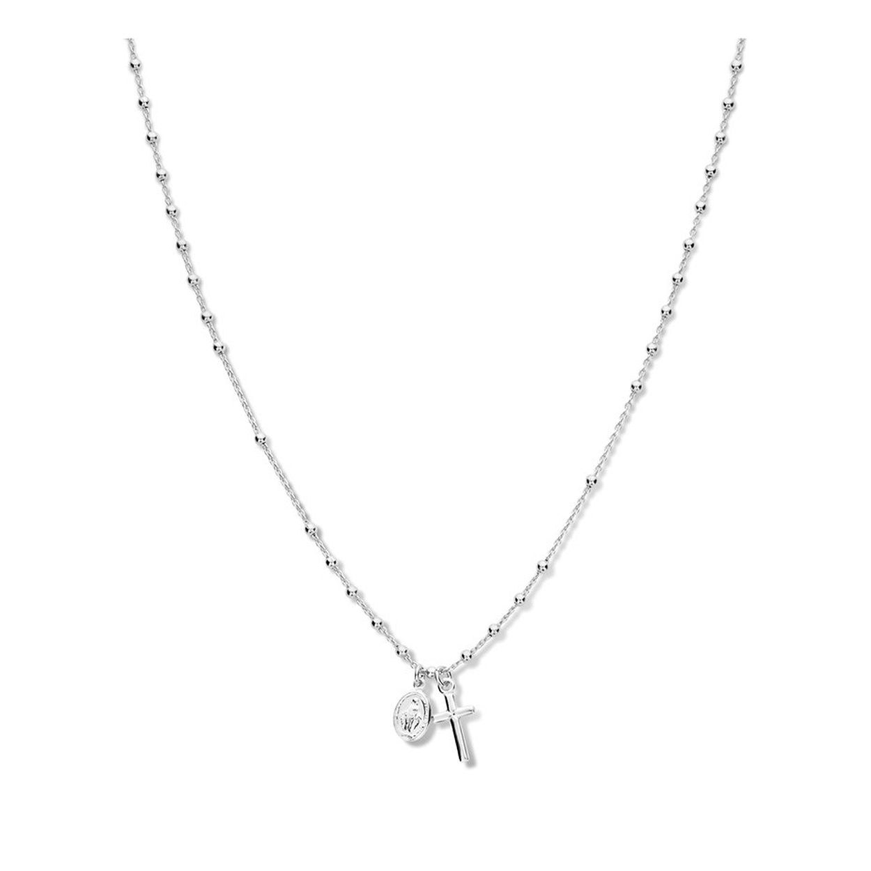 Gerhodineerd 925 zilveren collier uitgevoerd met een kruis en een scapulier. Het collier heeft een draaglengte van 45cm en een extensie van 5cm.