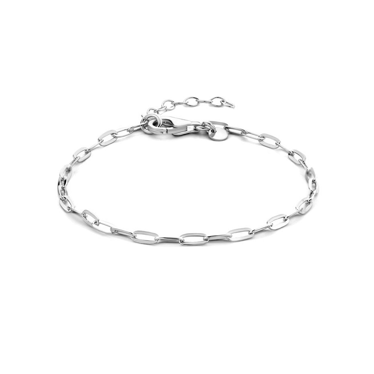 Gerhodineerd 925 zilveren paperclip armband uitgevoerd met een karabijnslot. De armband heeft een draaglengte van 16cm en een extensie van 3cm.