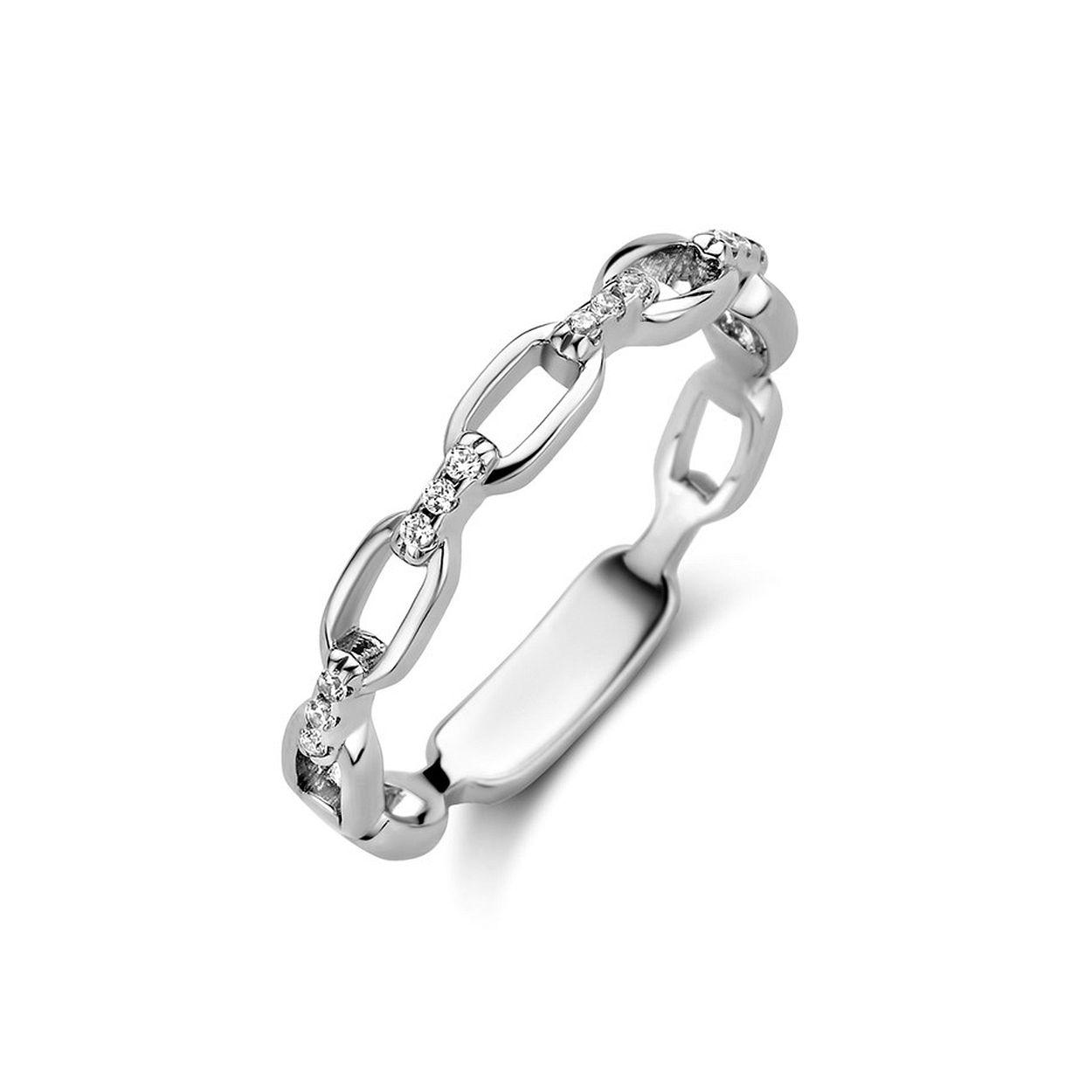 Gerhodineerd 925 zilveren ring uitgevoerd in schakelmotief en met helder zirkonia. De ring heeft een breedte van 3.2mm.