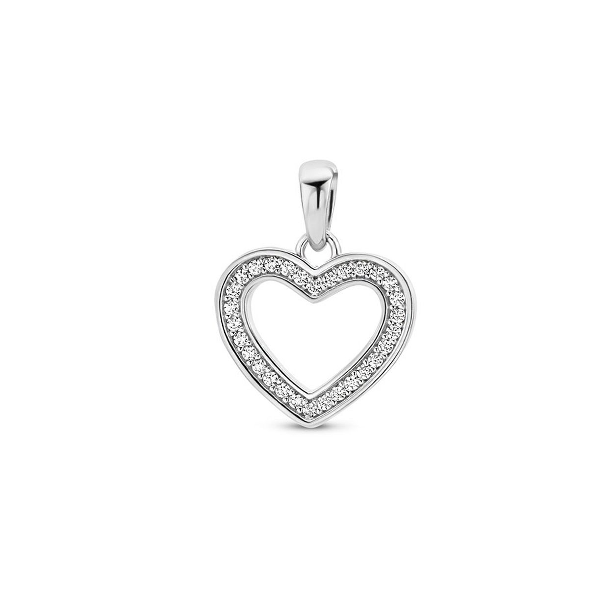 Gerhodineerd 925 zilveren hanger in de vorm van een hartje uitgevoerd met een schitterende zirkonia rij. De hanger heeft een totale hoogte van 1.8cm en een breedte van 13.5mm.