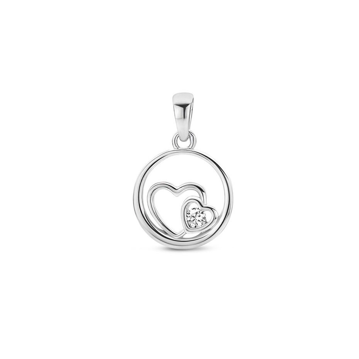 Gerhodineerd 925 zilveren ronde hanger met daarin twee hartjes en een heldere zirkonia. De hanger heeft een totale hoogte van 1.8cm en een diameter van 12mm.