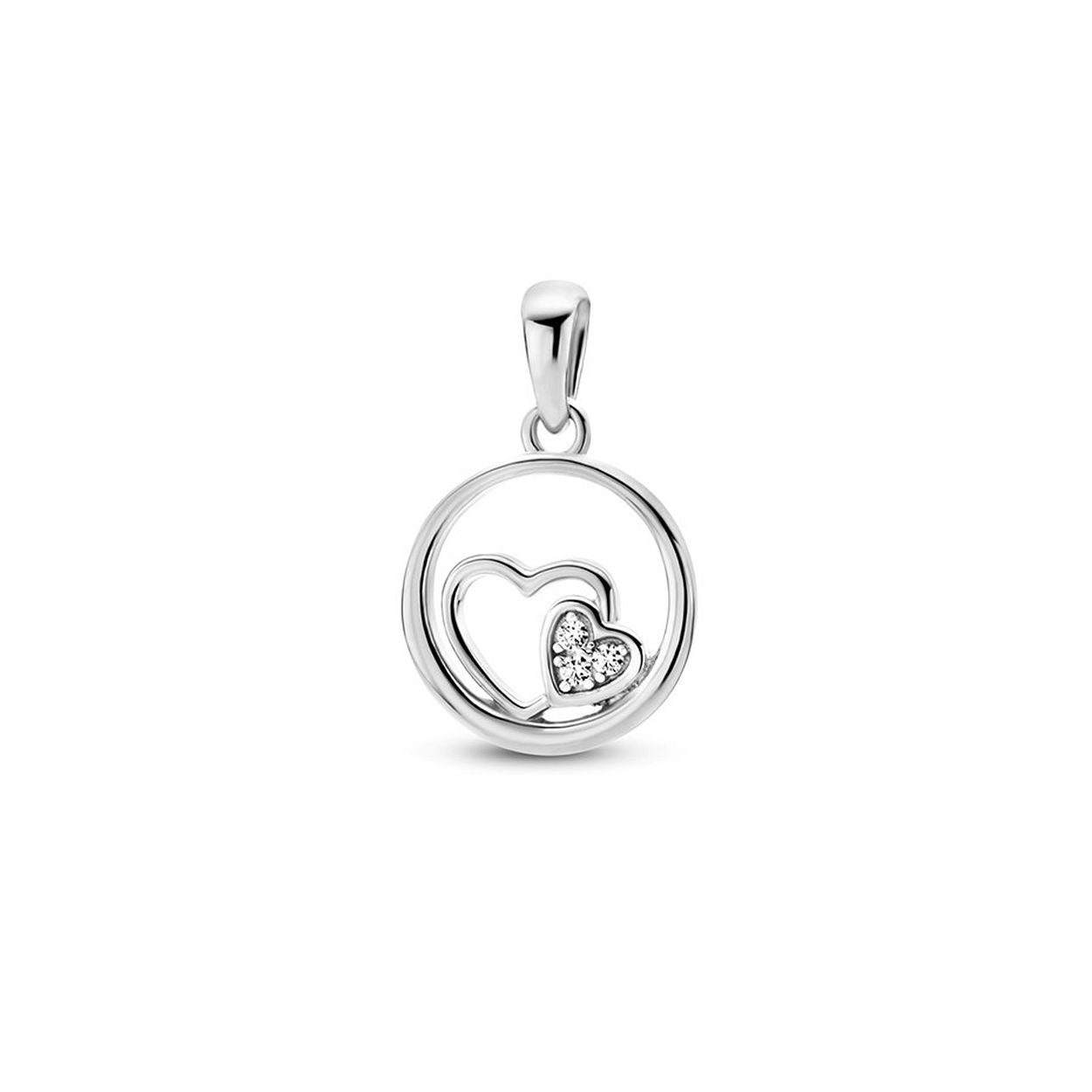 Gerhodineerd 925 zilveren hanger uitgevoerd met twee hartjes en een schitterend zirkonia vlak. De hanger heeft een totale hoogte van 1.8cm en een diameter van 12mm.