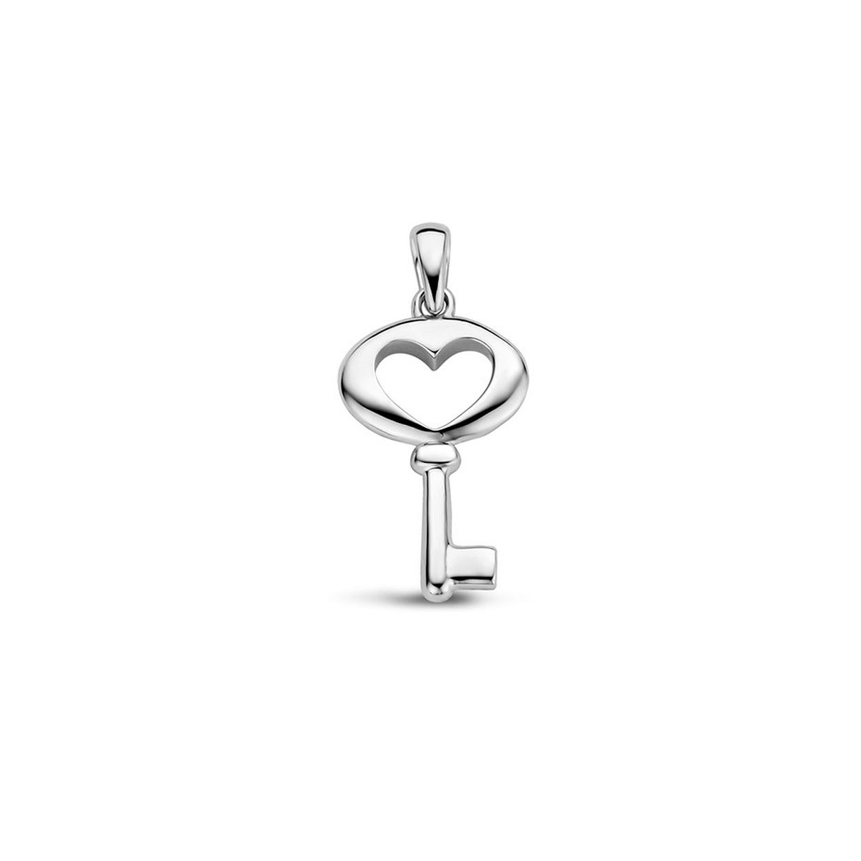 Gerhodineerd 925 zilveren hanger uitgevoerd in de vorm van een sleutel met daarin een hart. De sleutel heeft een totale hoogte van 2.5cm en een breedte van 11.5mm.