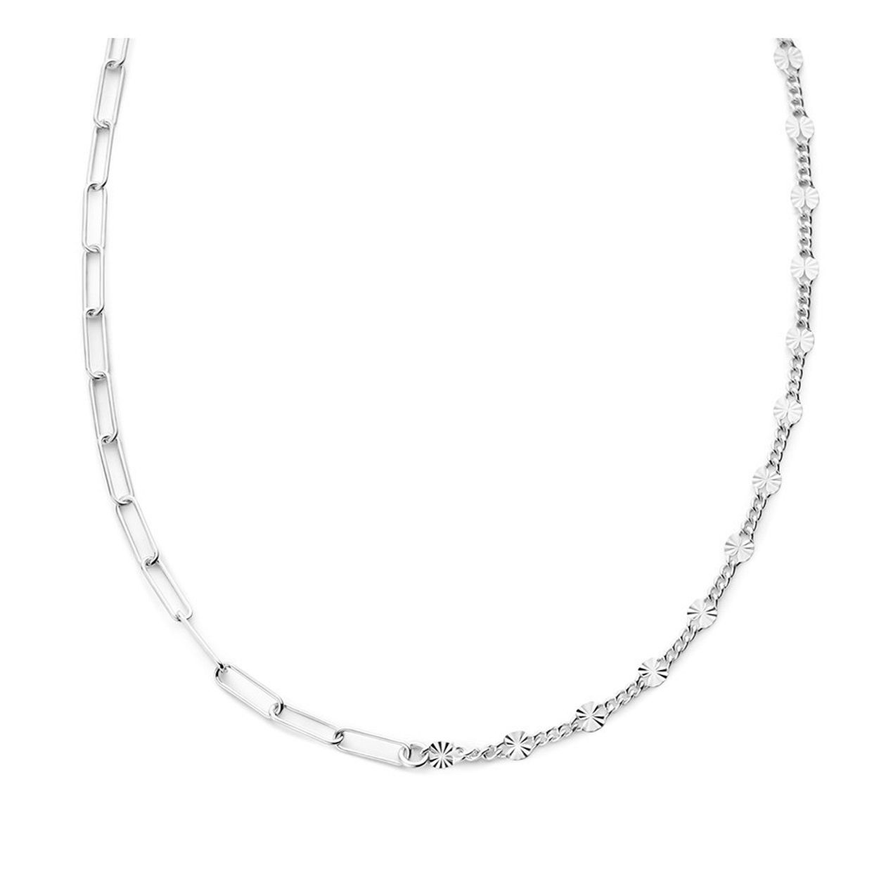 Gerhodineerd 925 zilveren collier met een schakelbreedte van 3.8mm, uitgevoerd met een anker schakel en plaatjes. Het collier heeft een draaglengte van 41cm met een extensie van 4cm en een stevige karabijn sluiting.
