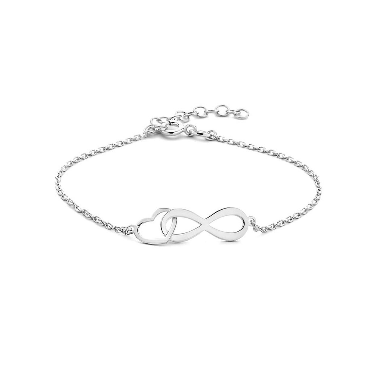 Gerhodineerd 925 zilveren armband uitgevoerd met een infinity teken en een hartje. De armband heeft een draaglengte van 16cm met een extensie van 3cm. Het infinity teken heeft een afmeting van 6.5x18.8mm en het hartje heeft een afmeting van 7x9mm.