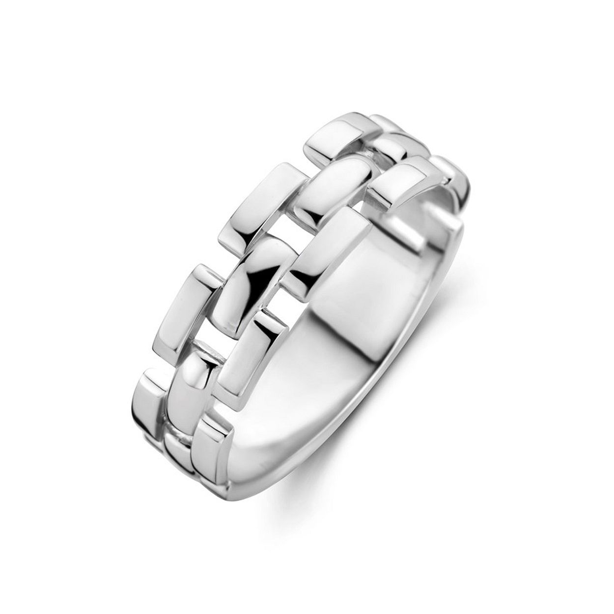 Gerhodineerd 925 zilveren ring uitgevoerd met schakelmotief. De ring heeft een breedte van 5.5mm.