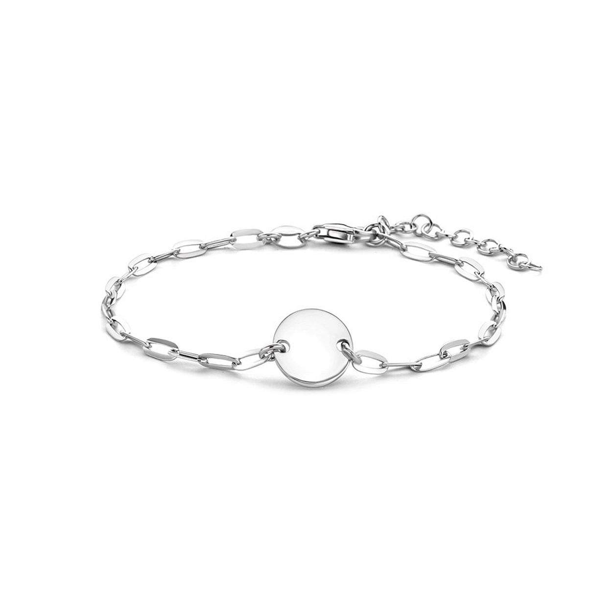 Gerhodineerd 925 zilveren anker armband uitgevoerd met een rondje. De armband heeft een draaglengte van 16cm met een extensie van 3cm en een stevige karabijn sluiting. Het rondje heeft een diameter van 10mm.
