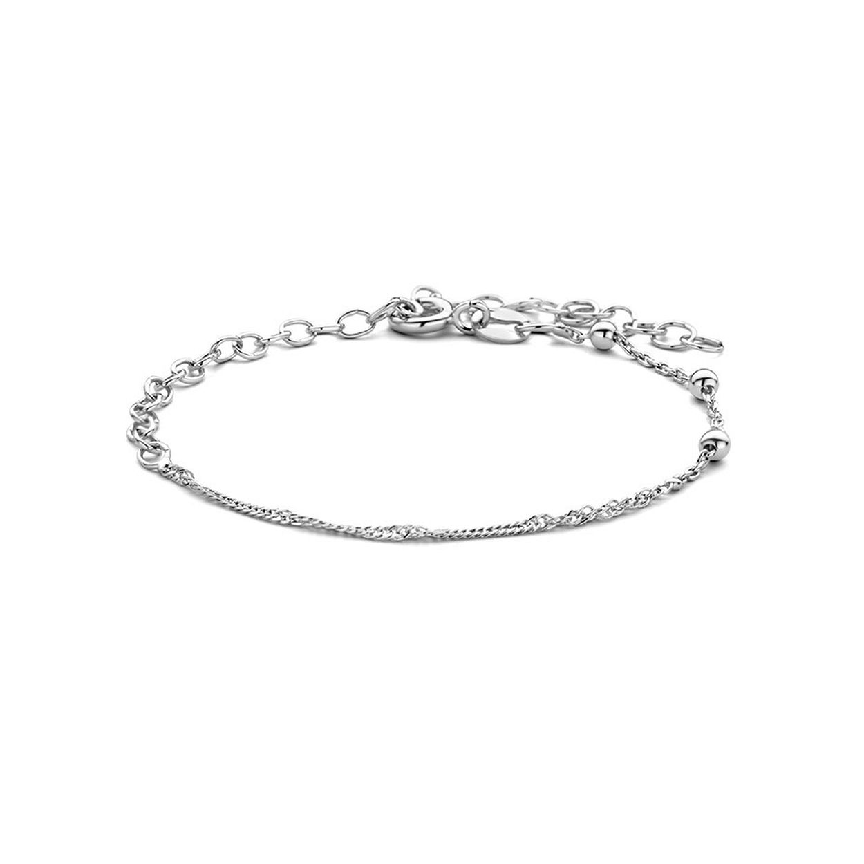 Gerhodineerd 925 zilveren armband uitgevoerd met een anker schakel, een singapore schakel en bolletjes. De armband heeft een breedte van 2.6mm en een draaglengte van 16cm met een extensie van 3cm.