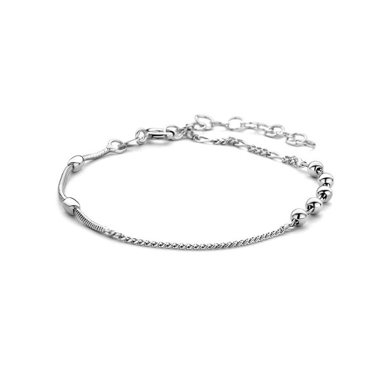 Gerhodineerd 925 zilveren armband uitgevoerd met vier verschillende schakels. De armband heeft een breedte van 3mm en een draaglengte van 16cm met een extensie van 3cm.