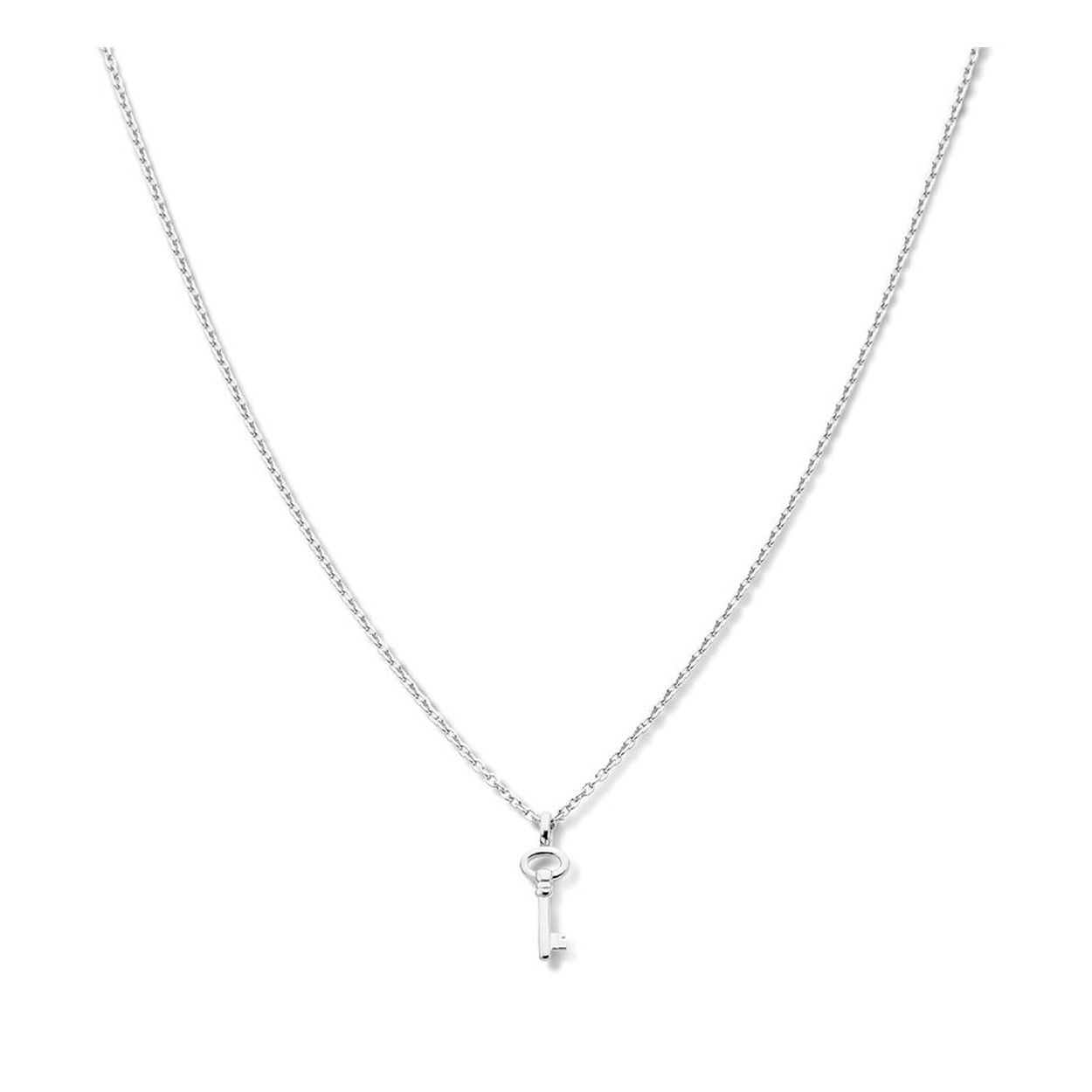 Gerhodineerd 925 zilveren collier uitgevoerd met een hanger in de vorm van een sleutel. Het collier heeft een draaglengte van 41cm met een extensie van 4cm en een stevige karabijn sluiting. Het hangertje heeft een afmeting van 17.5x6mm.