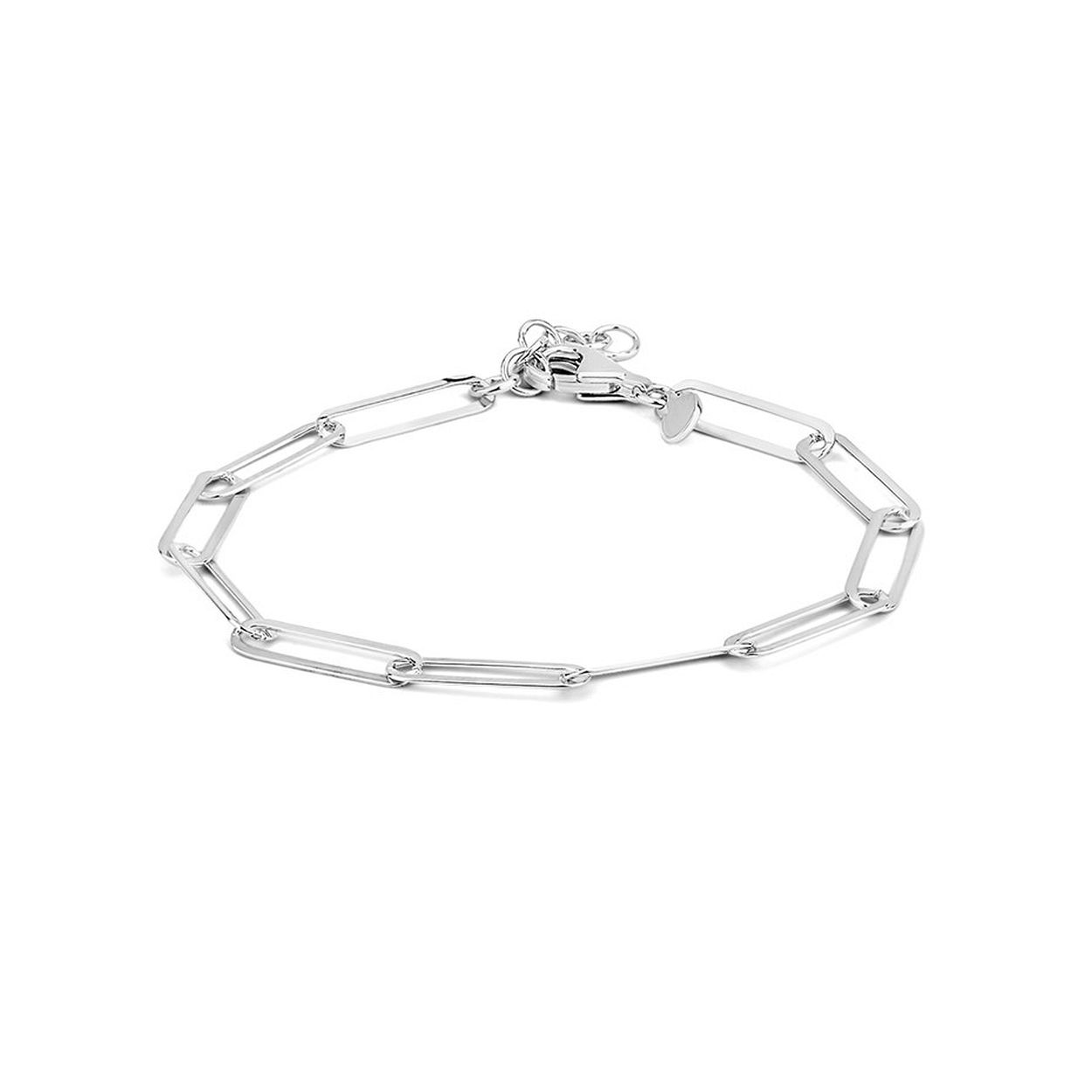 Gerhodineerd 925 zilveren paperclip armband met een schakelbreedte van 4.3mm. De armband heeft een draaglengte van 17cm met een extensie van 2cm en een stevige karabijn sluiting.