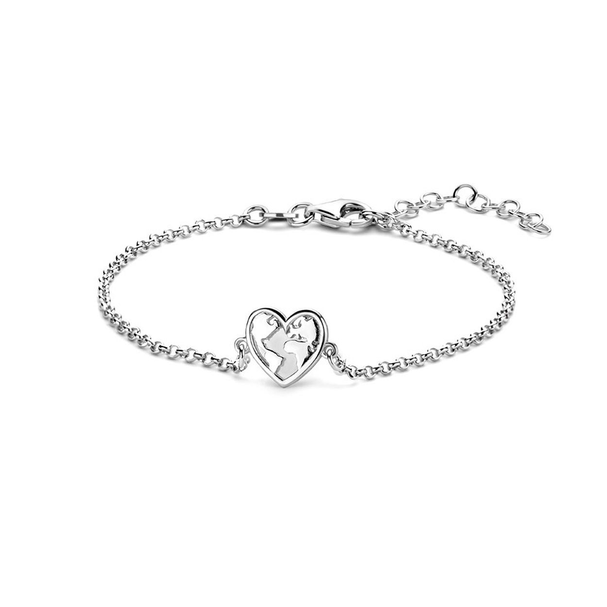 Gerhodineerd 925 zilveren armband uitgevoerd met een hartje met daarin een wereldkaart. De armband heeft een draaglengte van 16cm met een extensie van 3cm en een stevige karabijn sluiting. Het hartje heeft een afmeting van 9.8x13mm.