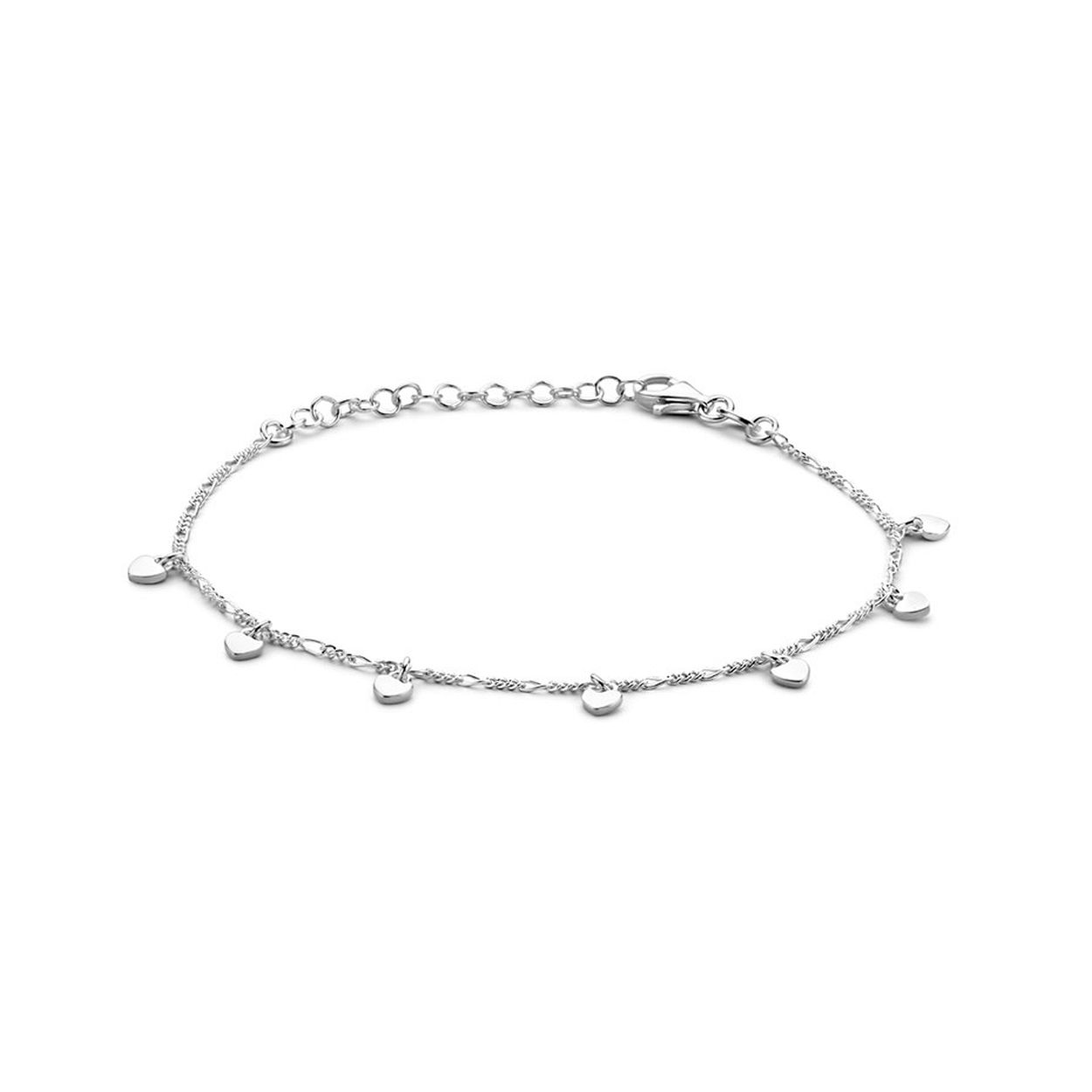 Gerhodineerd 925 zilveren enkelbandje uitgevoerd met hartjes. Het enkelbandje heeft een draaglengte van 18cm met een extensie van 4cm en een stevige karabijn sluiting.