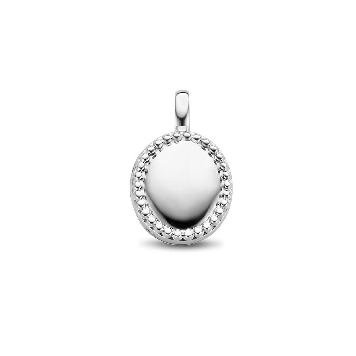 Gerhodineerd 925 zilveren medaillon uitgevoerd met bolletjes. 

Hoogte: 19mm 
Breedte: 12mm