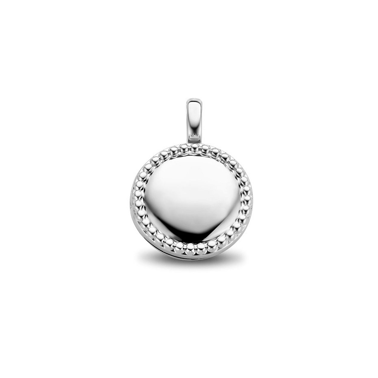 Gerhodineerd 925 zilveren medaillon uitgevoerd met bolletjes. De medaillon heeft een totale hoogte van 1.9cm en een breedte van 14mm.