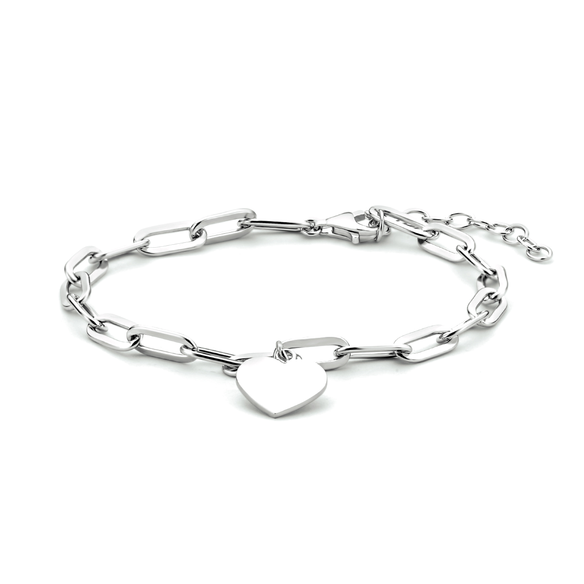 Gerhodineerd 925 zilveren paperclip armband uitgevoerd met een hartje van 9.5x10.5mm en een stevige karabijn sluiting. De armband heeft een draaglengte van 16cm en een extensie van 3cm.
