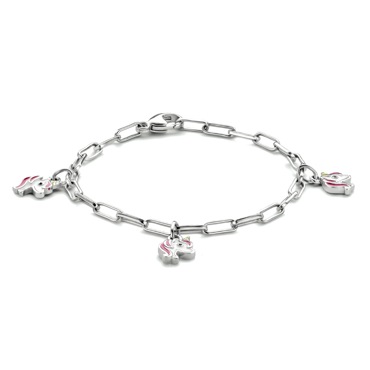 Gerhodineerd 925 zilveren armband uitgevoerd met 3 eenhoorn hangers van 9x6mm en een karabijn sluiting. De armband heeft een draaglengte van 13cm. De schakelbreedte is 2.4mm.