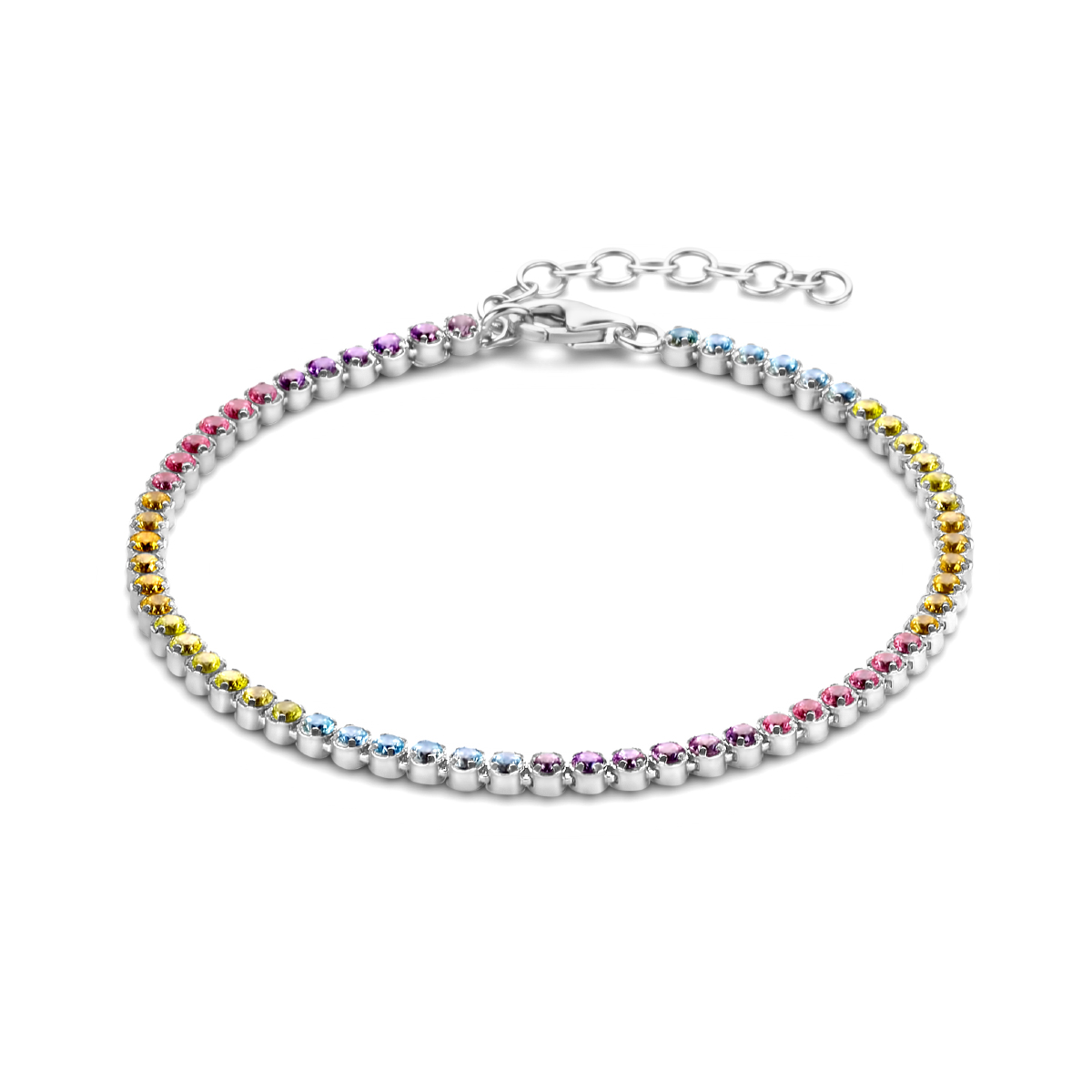 Gerhodineerd 925 zilveren tennisarmband met gekleurd zirkonia. De armband heeft een draaglengte van 16cm en een extensie van 3cm. Uitgevoerd met een karabijn sluiting.