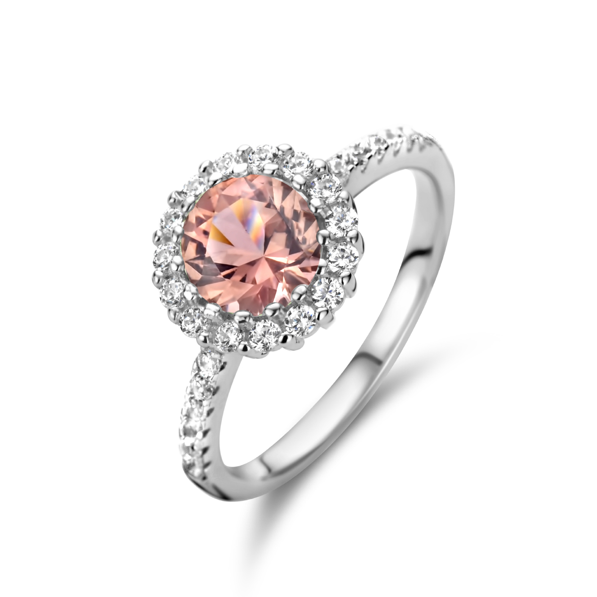 Gerhodineerd 925 zilveren ring uitgevoerd met synthetische morganiet en zirkonia.
