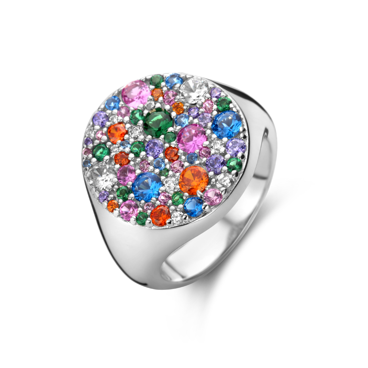 Gerhodineerd 925 zilveren ring uitgevoerd met gekleurd zirkonia.