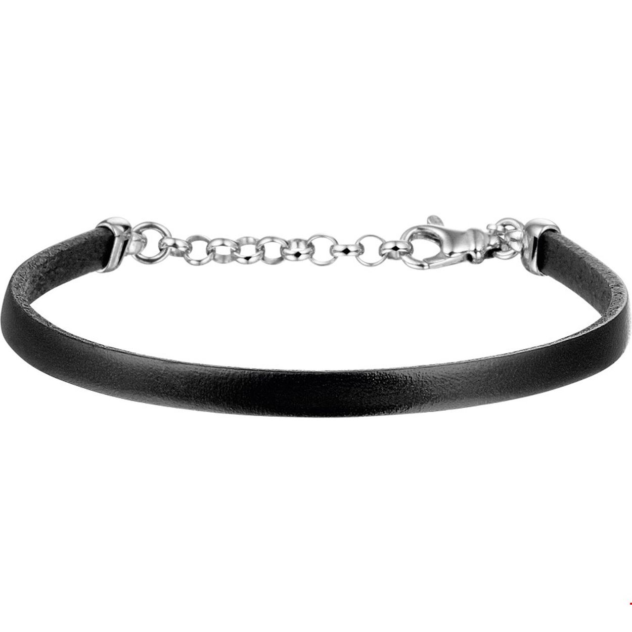 Beschrijving: Gerhodineerd zilveren armband met zwart leer. 
Verpakt per: 1
Doelgroep: heren
Breedte: 5 mm
Langste lengte: 21.5 mm