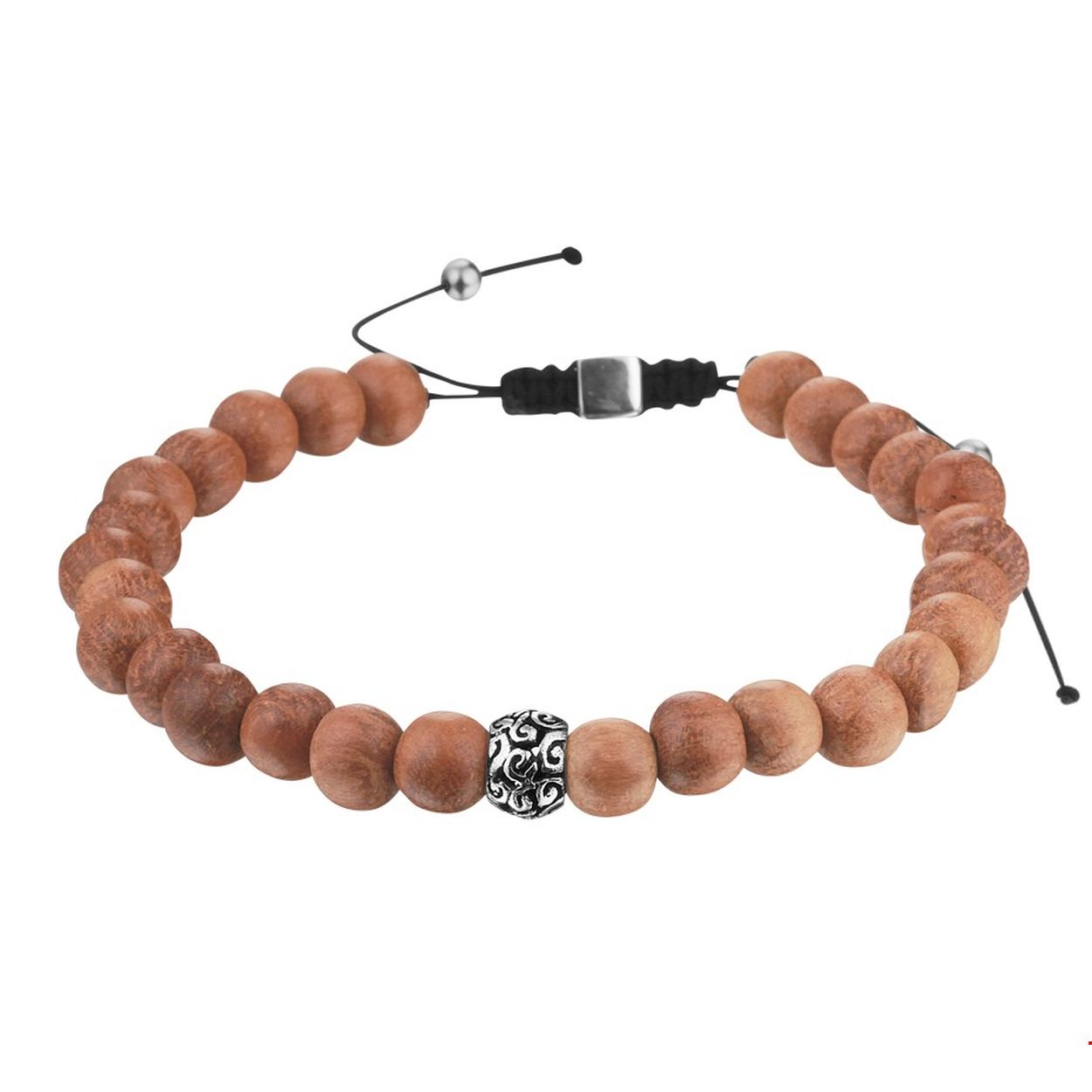Stoere armband uitgevoerd met lichtbruin hout en zilveren elementen. De armband heeft een breedte van 6.5mm en een draaglengte van 19 tot 26cm. Tip: Leuk om kado te geven!