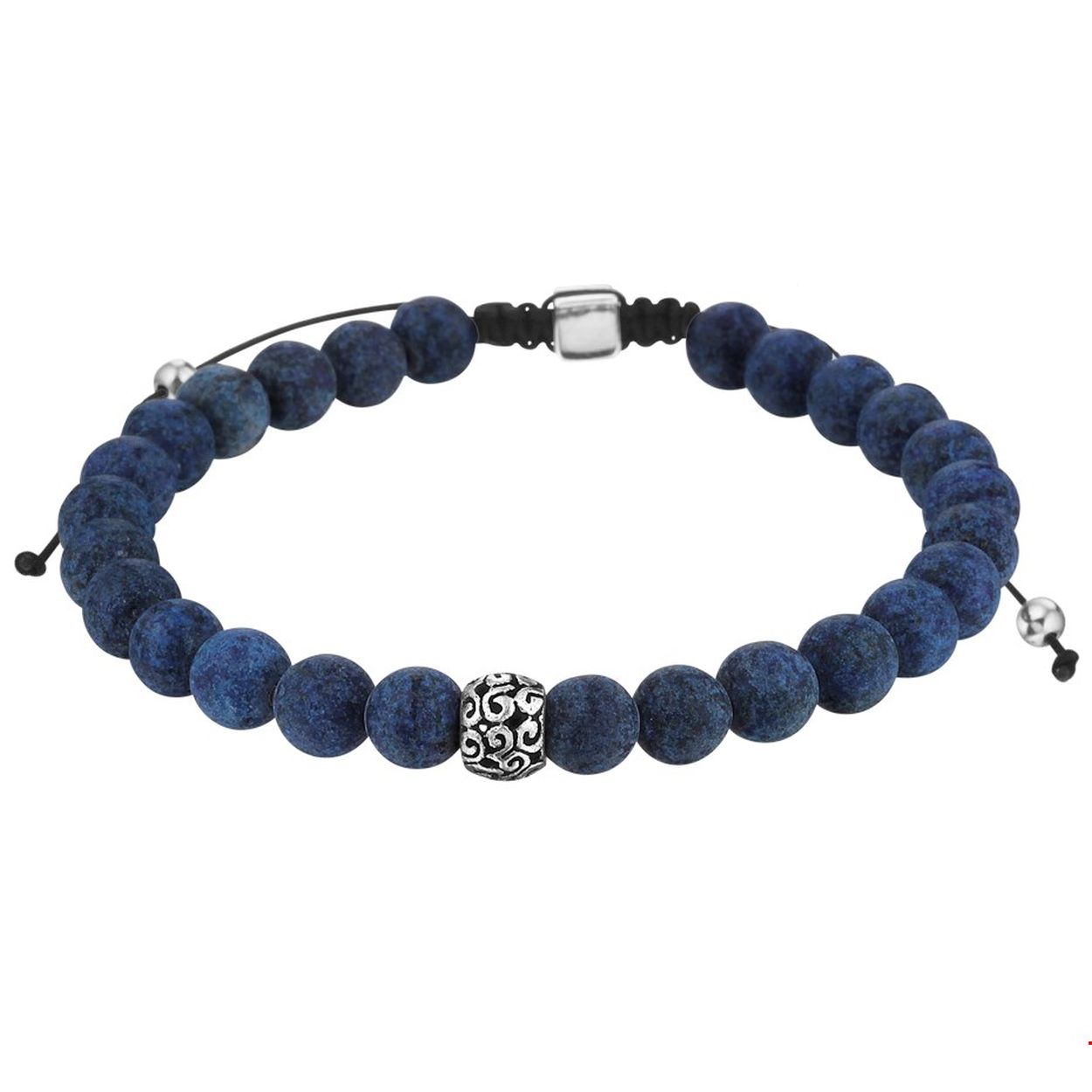 Beschrijving: Stoere armband uitgevoerd met mat afgewerkte lapis stenen en zilveren elementen. De armband heeft een breedte van 6.5mm en een draaglengte van 19 tot 26cm. Tip: Leuk om kado te geven!