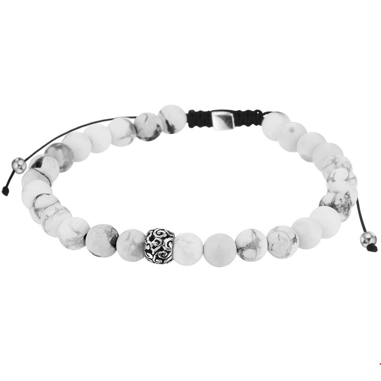 Beschrijving: Stoere armband uitgevoerd met wit howliet stenen en zilveren elementen. De armband heeft een breedte van 6.5mm en een draaglengte van 19 tot 26cm. Tip: Leuk om kado te geven!