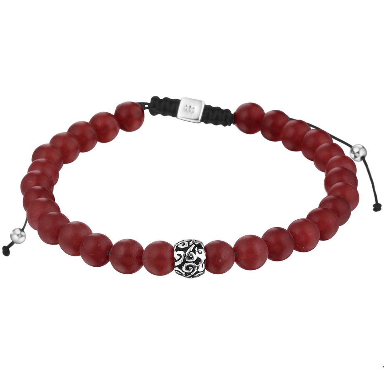Stoere armband uitgevoerd met rood agaat stenen en zilveren elementen. De armband heeft een breedte van 6.5mm en een draaglengte van 19 tot 26cm. Tip: Leuk om kado te geven!