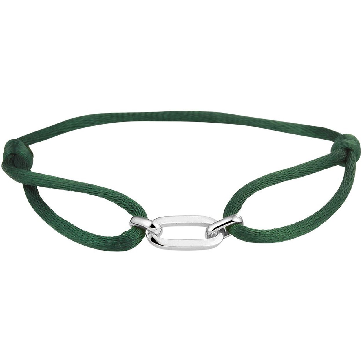 Groen gevlochten armband uitgevoerd met een 925 zilveren element. De armband heeft draaglentes van 13 tot 26cm. Het element heeft een afmeting van 20x6mm.