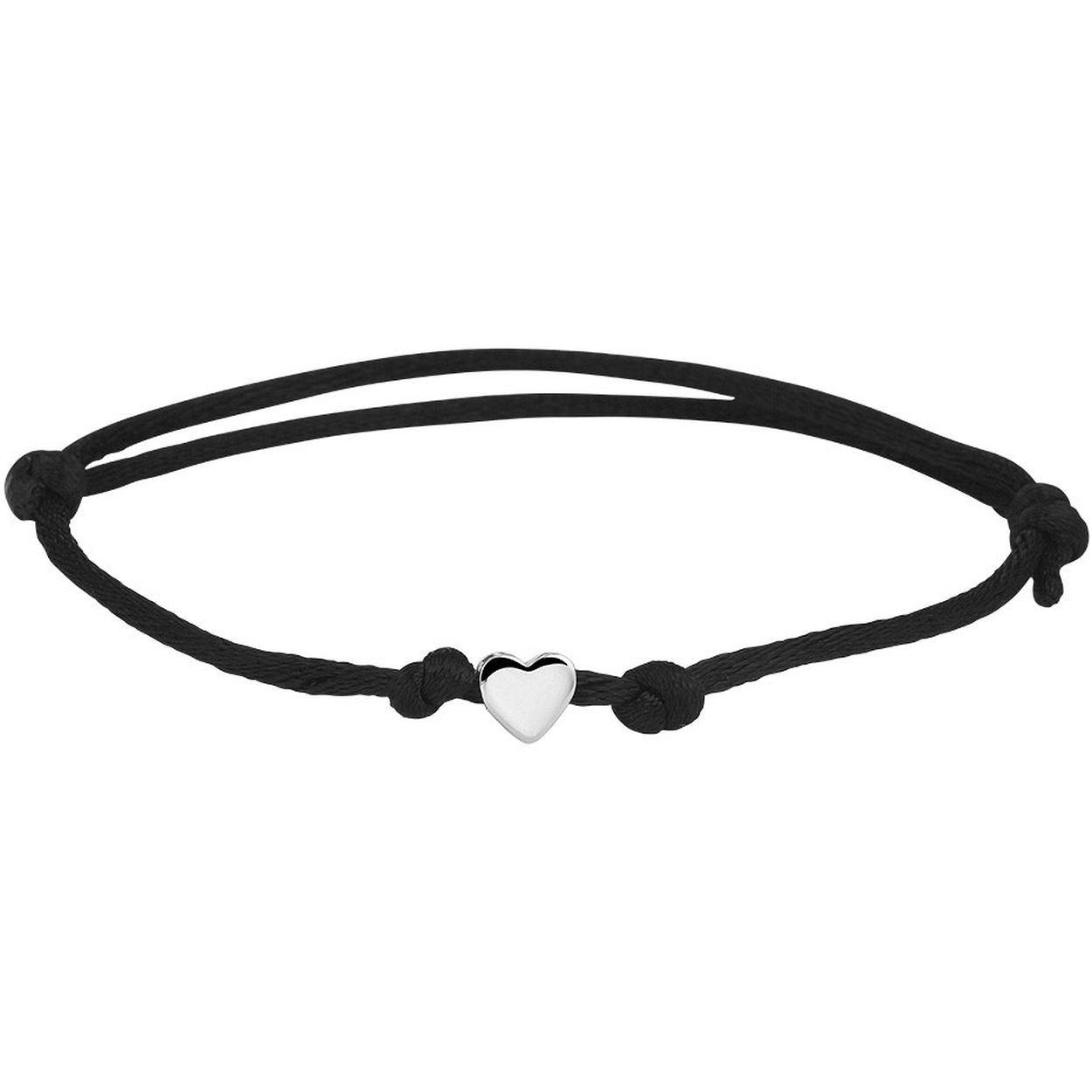 Zwart gevlochten armband uitgevoerd met een gerhodineerd 925 zilveren hartje. De armband heeft draaglengtes van 11 tot 19cm. Het hartje heeft een afmeting van 5x5.5mm.