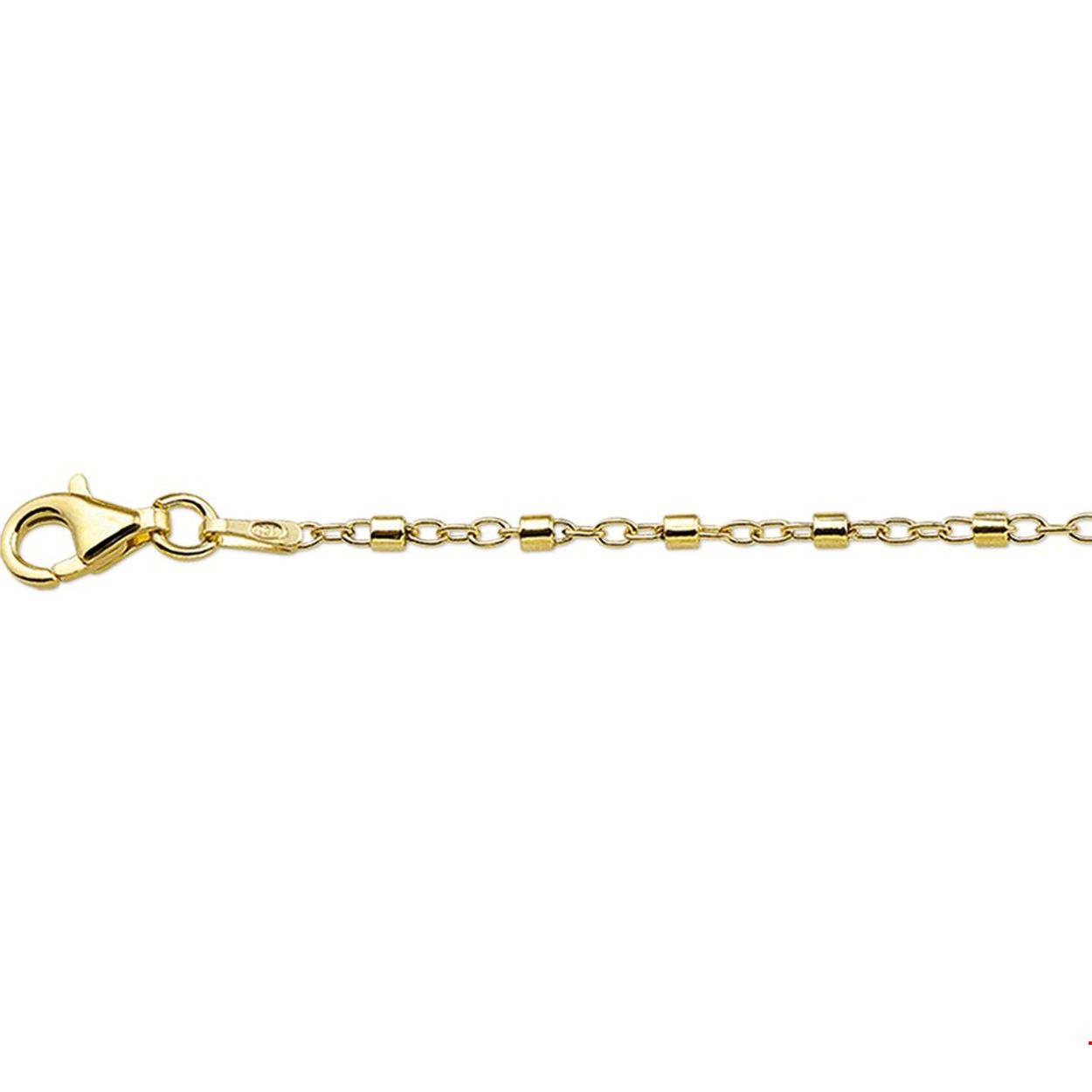 Beschrijving: Gerhodineerd zilveren enkelbandje met buisjes en een geelgouden plating. De lengte bedraagt 24cm met 2cm extensie. 
Doelgroep: dames
Breedte: 1.9 mm
Kortste lengte: 24 cm
Langste lengte: 26 cm