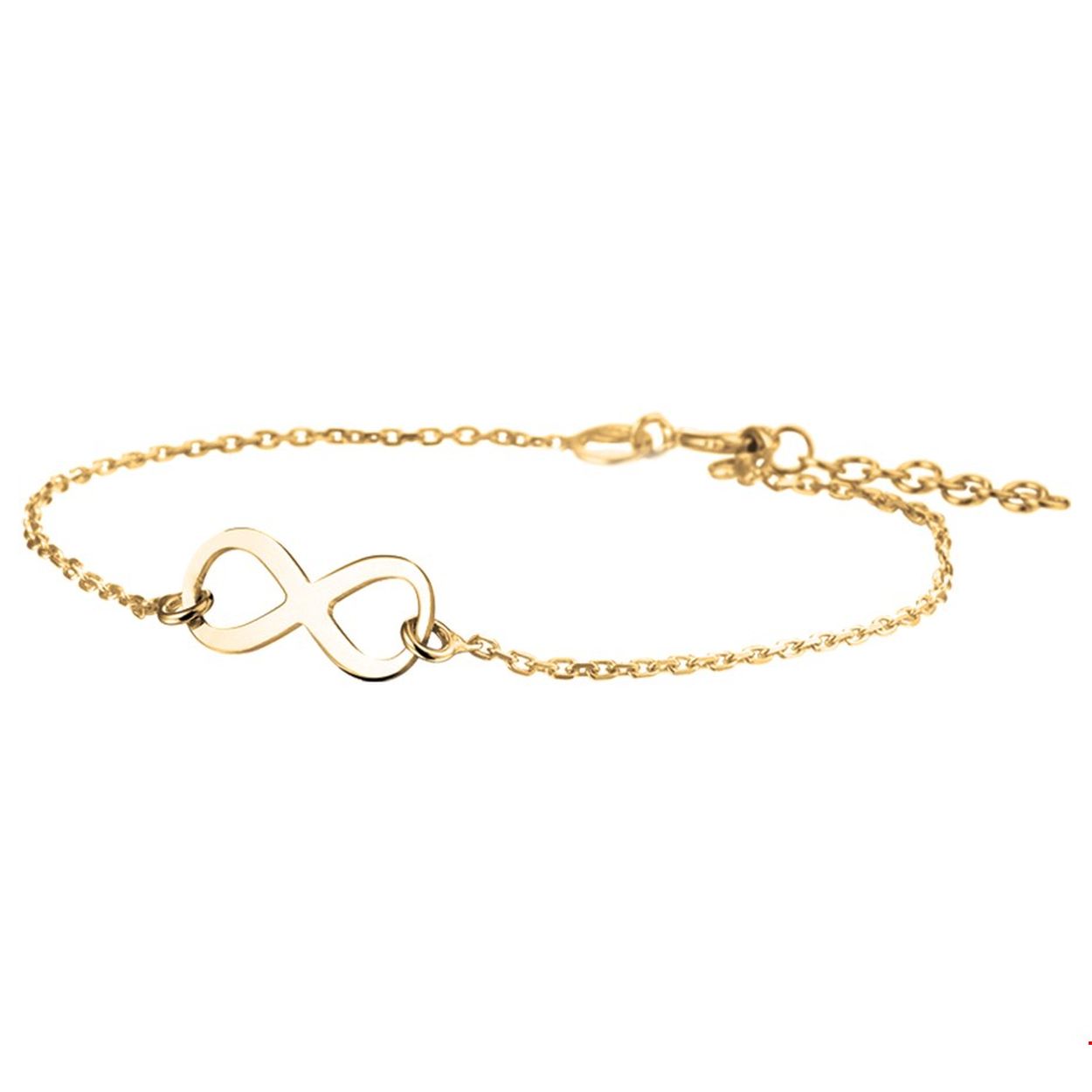 Beschrijving: Gerhodineerd zilveren armband met infinity teken. De armband heeft een geelgouden plating. De lengte bedraagt 17cm met 2.5cm extensie en de schakelbreedte is 1.4mm. 
Verpakt per: 1
Doelgroep: dames
Breedte: 17 mm
Kortste lengte: 17 mm
Langste lengte: 19.5 mm
Hoogte: 7.5 mm