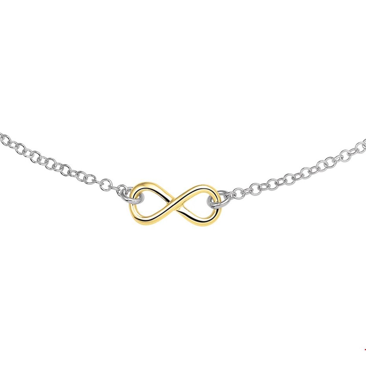 Beschrijving: Infinity is het symbool van nu. Dit fijne collier van gerhodineerd zilver kan daarom echt niet ontbreken in jouw sieraden-stash! Maak het setje compleet met een bijpassende armband. Details: Gerhodineerd zilveren collier met infinity teken. Het teken heeft een geelgouden plating. De lengte van het collier bedraagt 40cm met 4cm extensie. De schakelbreedte bedraagt 2.1mm. Het collier is onderdeel van een set.
Verpakt per: 1
Doelgroep: dames
Breedte: 7 mm
Kortste lengte: 40 mm
Langste lengte: 44 mm
Hoogte: 15.5 mm