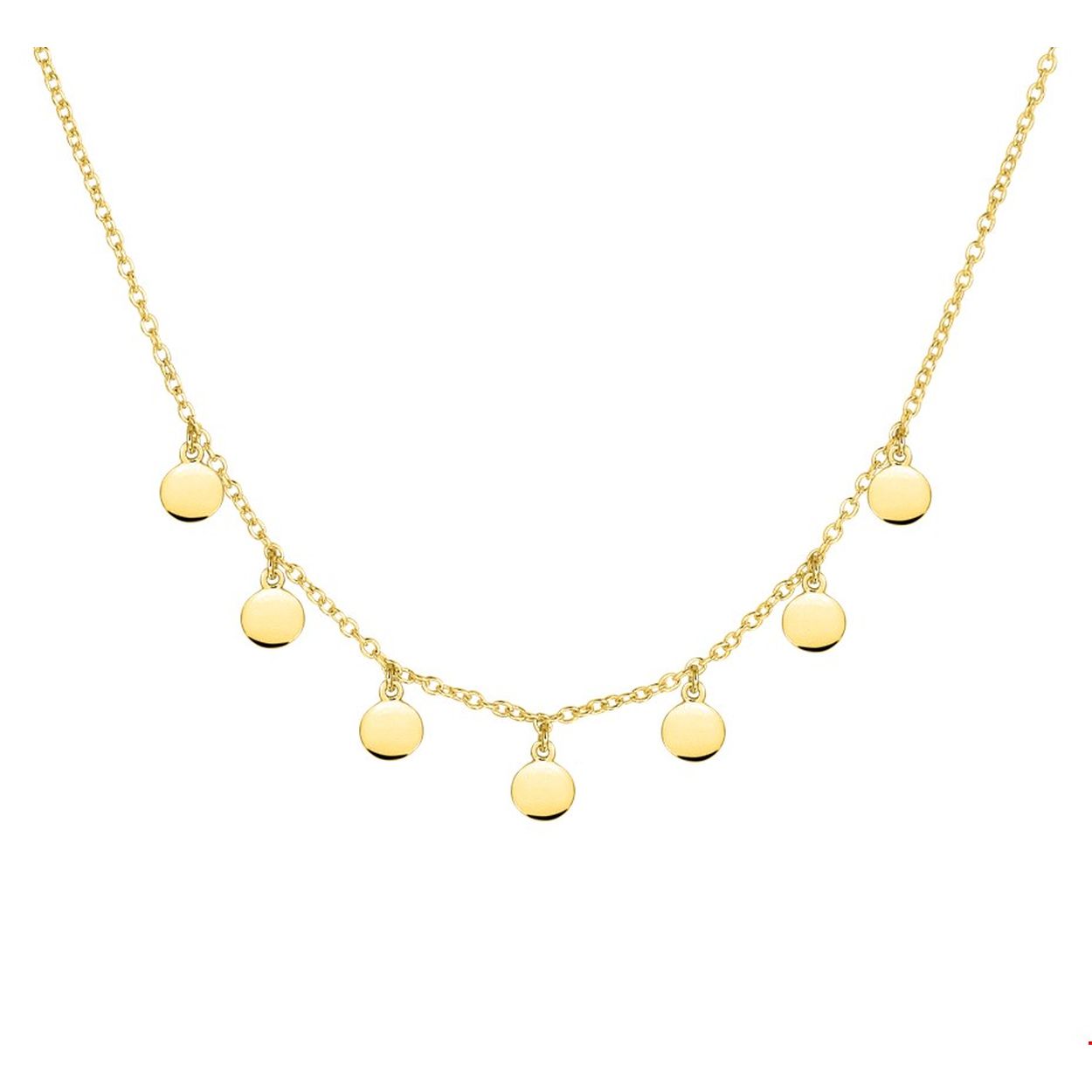 Stijlvol geelgoud op zilveren anker collier uitgevoerd met ronde hangers van 4.3mm in diameter. Met een draaglengte van 41cm en een extensie van 4cm. Het collier is te combineren met bijpassende sieraden uit onze collectie. 
Doelgroep: dames
Kortste lengte: 41 cm
Langste lengte: 45 cm