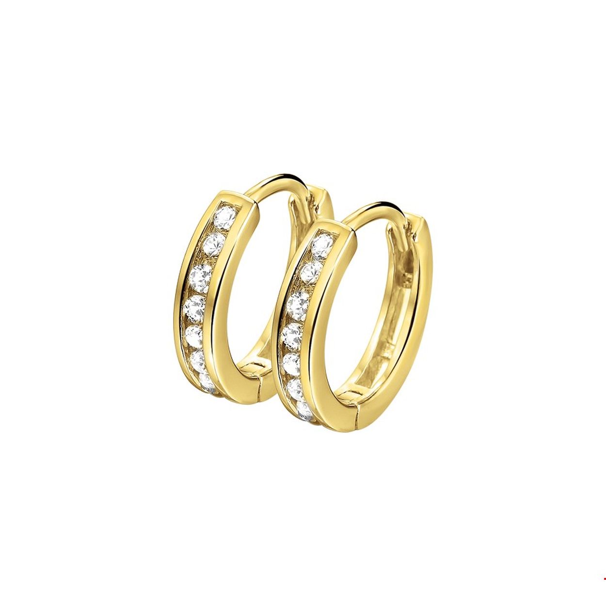 Trendy geelgoud op zilveren klapoorringen. Uitgevoerd met heldere zirkonia stenen en een stevige scharnier sluiting. Door de eenvoud en het verfijnde ontwerp kunnen deze klapoorringen perfect worden gedragen met andere sieraden. Tip: Leuk om kado te geven! Zie je ze al stralen?
