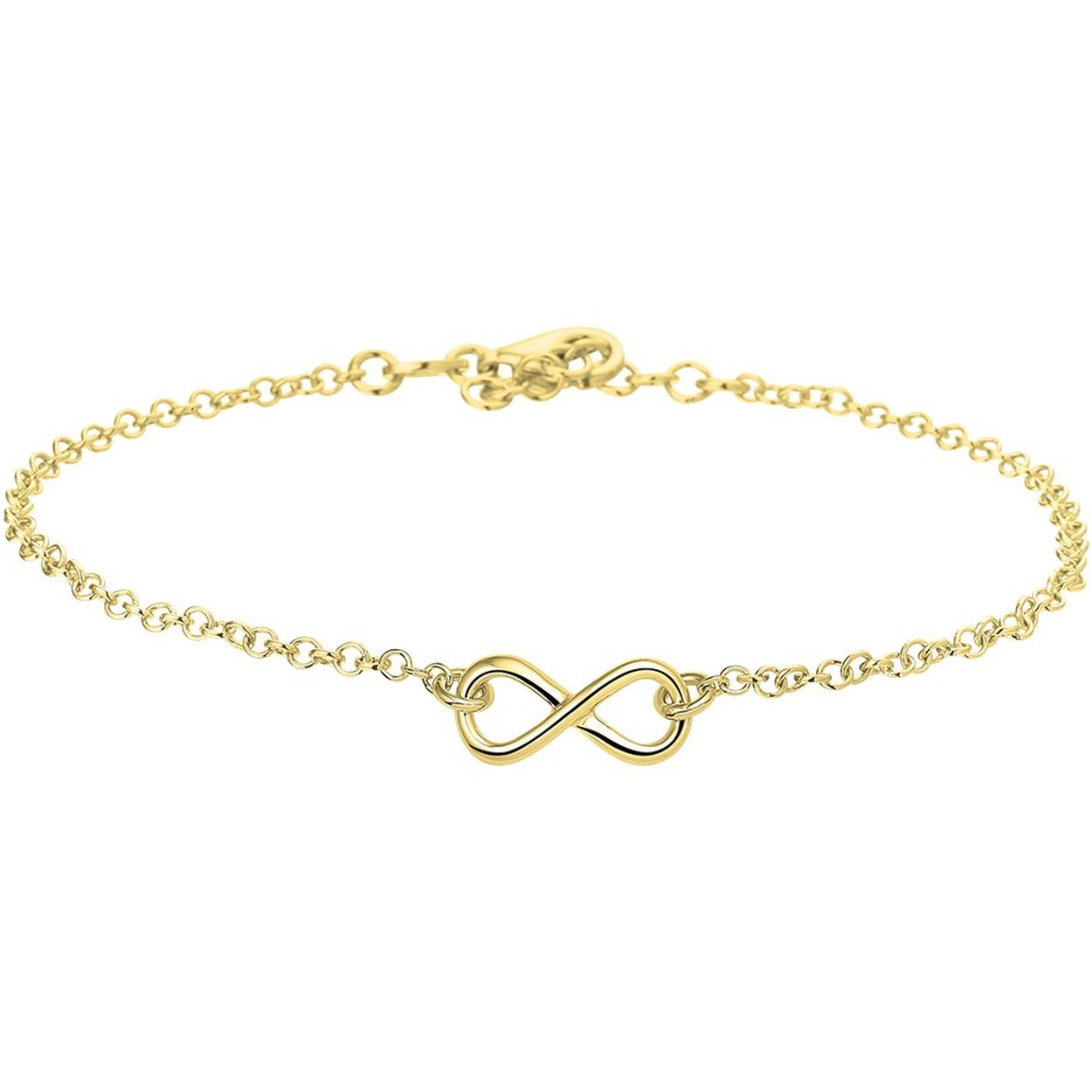 Beschrijving: Trendy geelgoud op zilveren enkelbandje met een infinity symbool uitgevoerd met een stevige karabijn sluiting. Infinity symboliseert de eeuwige gebondenheid. Dit fijne enkelbandje is goed te combineren met bijpassende sieraden uit onze collectie. De lengte bedraagt 24cm met een extensie van 2cm en de schakelbreedte is 2.1mm. 
Doelgroep: dames
Breedte: 15.5 mm
Kortste lengte: 24 mm
Langste lengte: 26 mm
Hoogte: 7 mm