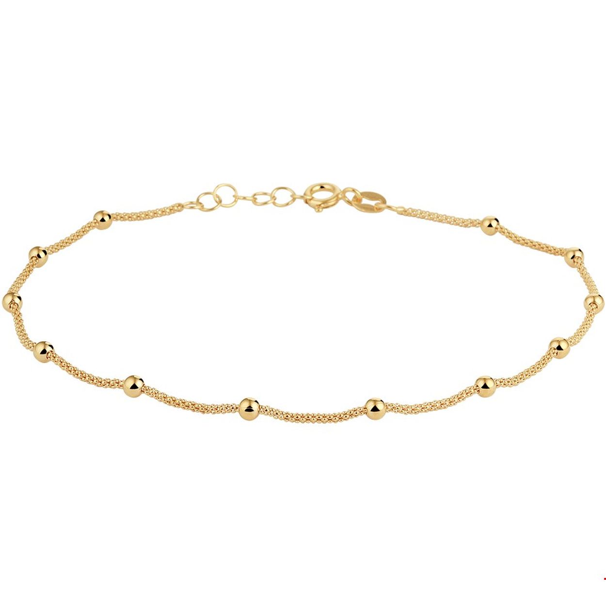 Beschrijving: Trendy geelgoud op zilveren enkelbandje uitgevoerd met poli afgewerkte bolletjes van 3mm. Met een draaglengte van 24cm en een extensie van 2cm. Tip: Leuk om kado te geven! 
Doelgroep: dames
Breedte: 3 mm
Kortste lengte: 24 mm
Langste lengte: 26 mm