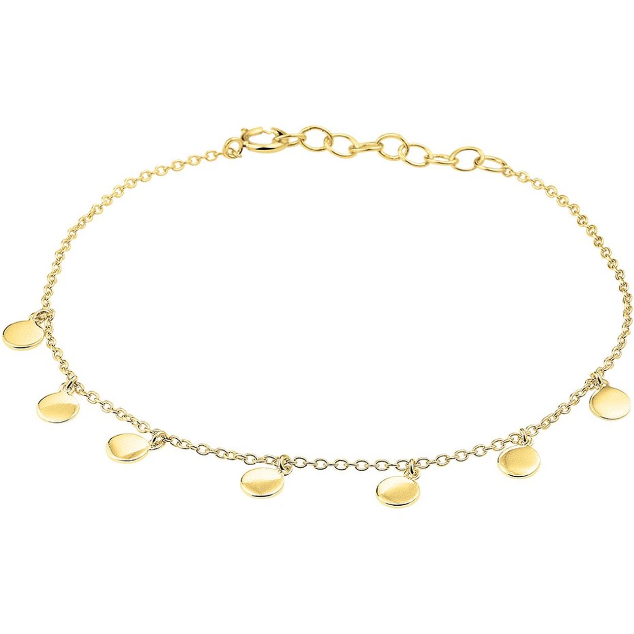 Beschrijving: Trendy geelgoud op zilveren enkelbandje uitgevoerd met ronde hangers van 4.3mm in diameter. Met een draaglengte van 24cm en een extensie van 2cm. Het enkelbandje is te combineren met bijpassende sieraden uit onze collectie. Tip: Leuk om kado te geven! Geen garantie op plating!
Doelgroep: dames
Kortste lengte: 24 mm
Langste lengte: 26 mm