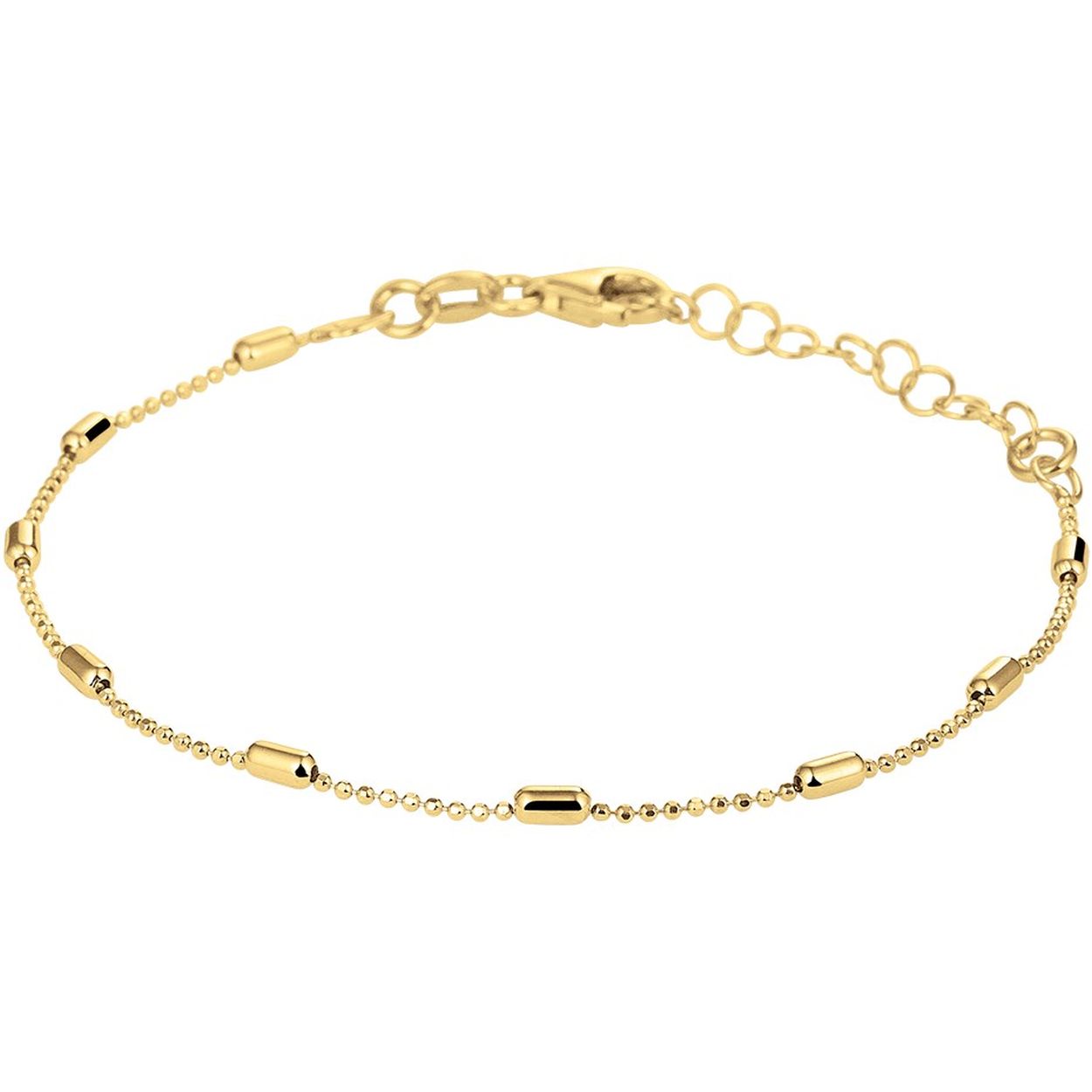 Beschrijving: Trendy geelgoud op zilveren armband uitgevoerd met bolletjes van 1mm en staafjes van 2mm. De armband heeft een stevige karabijn sluiting en een draaglengte van 16cm met een extensie van 3cm. Tip: Combineer de armband met een bijpassend collier en maak zo een leuke set!
Doelgroep: dames
Breedte: 2 mm
Kortste lengte: 16 mm
Langste lengte: 19 mm