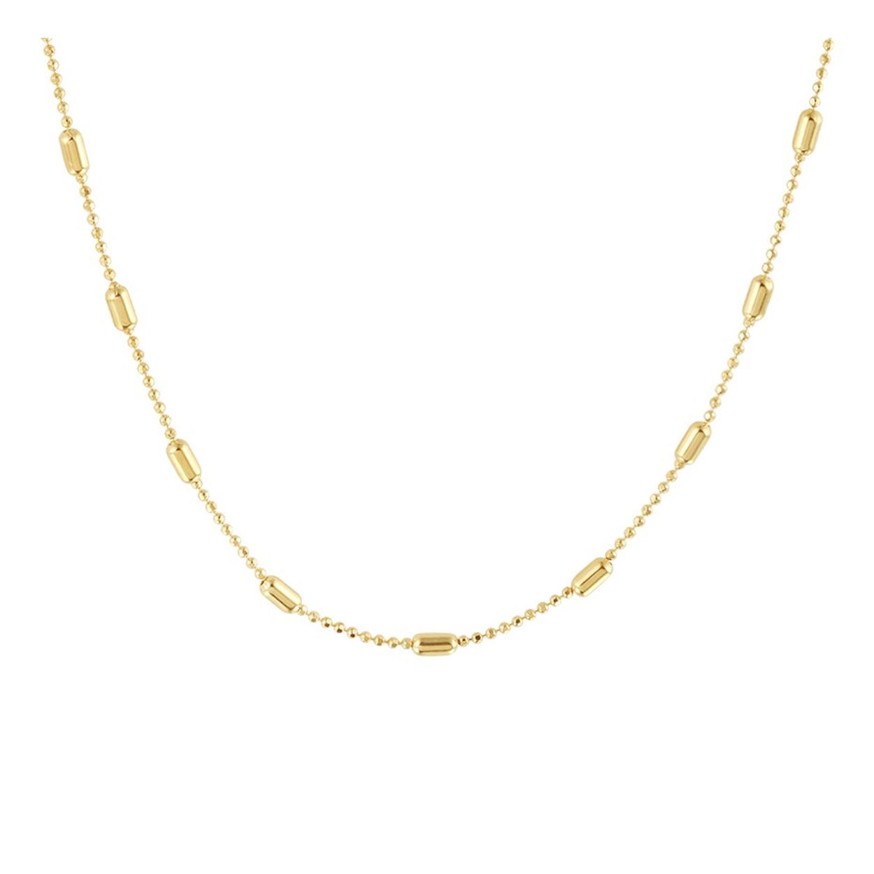Trendy geelgoud op zilveren collier uitgevoerd met bolletjes van 1mm en staafjes van 2mm. Het collier heeft een stevige karabijn sluiting en een draaglengte van 40cm met een extensie van 4cm. Tip: Combineer het collier met een bijpassende armband en maak zo een leuke set!