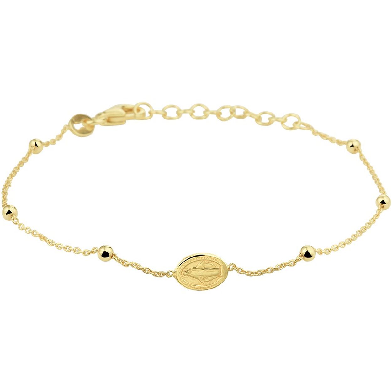 Beschrijving: Vintage geelgoud op zilveren armband met een dubbelzijdige scapulier hanger met een afmeting van 5.5x8mm en poli afgewerkte bolletjes van 2.5mm. De armband heeft een draaglengte van 16cm en een extensie van 3cm. Deze armband is uitgevoerd met een stevige karabijn sluiting en geeft je look direct een chique en stijlvolle uitstraling.
