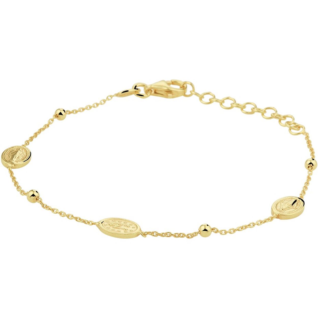 Beschrijving: Vintage geelgoud op zilveren armband met dubbelzijdige scapulier hangers met een afmeting van 5.5x8mm en poli afgewerkte bolletjes van 2.5mm. De armband heeft een draaglengte van 16cm en een extensie van 3cm. Deze armband is uitgevoerd met een stevige karabijn sluiting en geeft je look direct een chique en stijlvolle uitstraling.