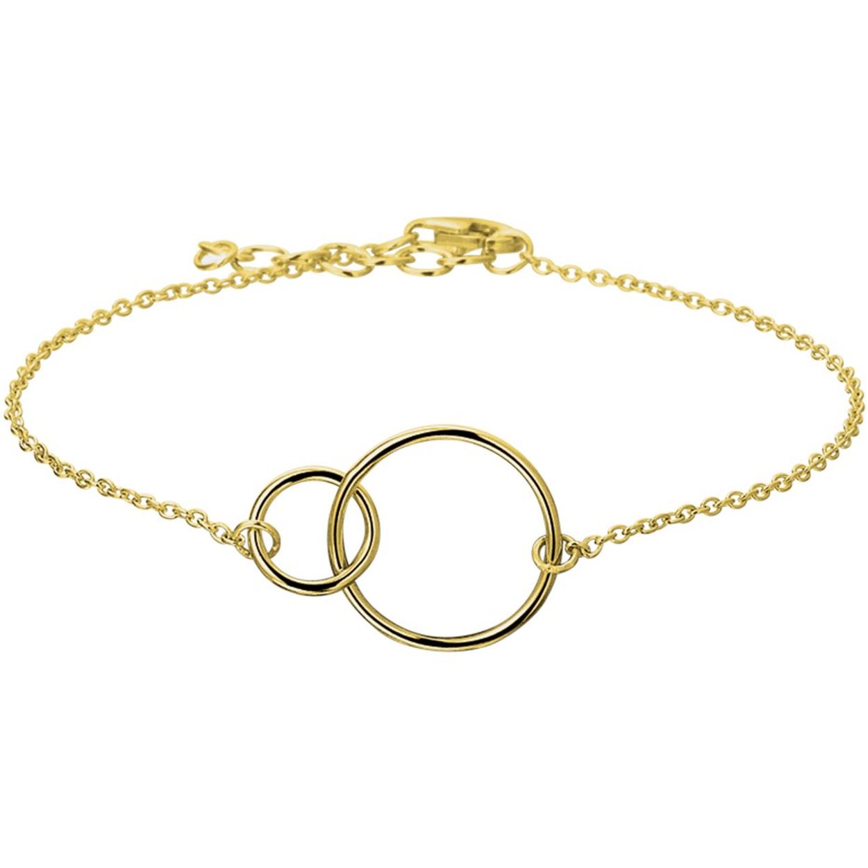 Beschrijving: Trendy geelgoud op zilveren armband uitgevoerd met twee open cirkels van 8 en 14mm en een stevige karabijn sluiting. De armband heeft een draaglengte van 16cm met een extensie van 2.5cm.