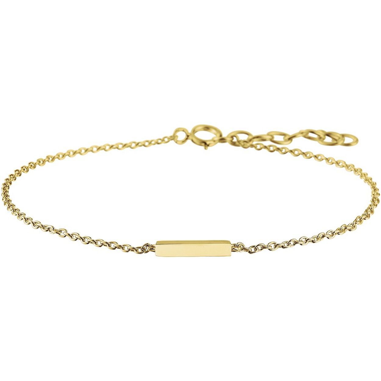 Beschrijving: Trendy geelgoud op zilveren armband uitgevoerd met een poli afgewerkt balkje van 2x13mm. De armband heeft een draaglengte van 16cm met een extensie van 2.5cm.