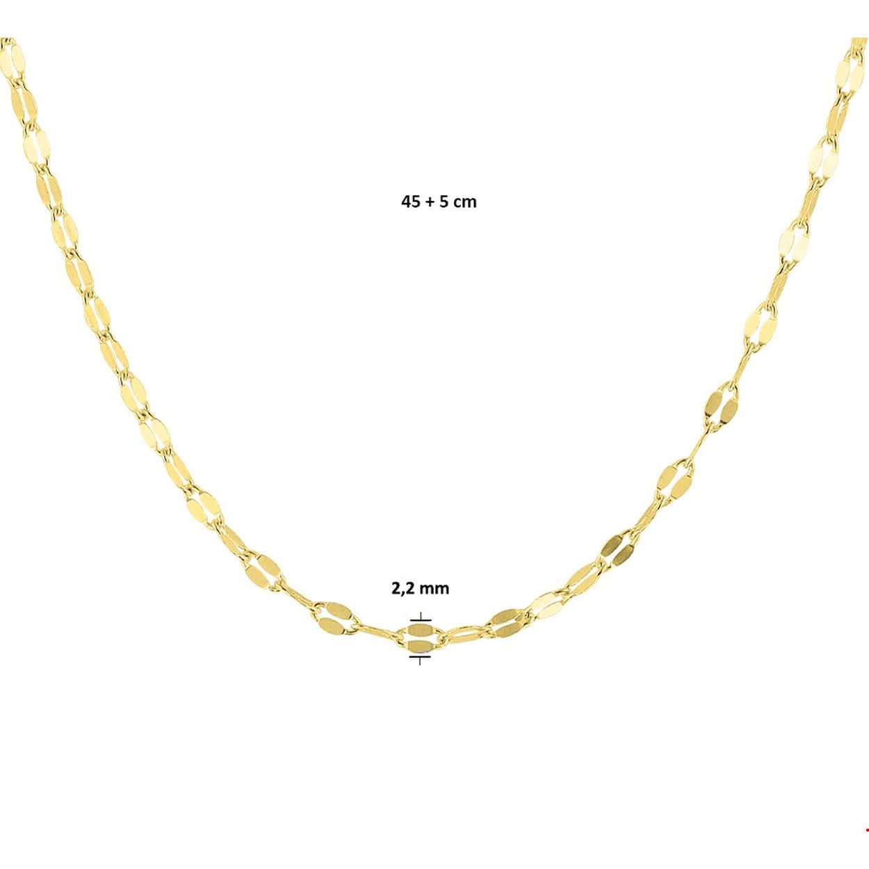Geelgoud op zilveren collier uitgevoerd met een stevige karabijn sluiting. Het collier heeft een schakelbreedte van 2.2mm en een draaglengte van 45cm met een extensie van 5cm. Door het simplistische design gemakkelijk te combineren met andere geelgoud op zilveren sieraden.