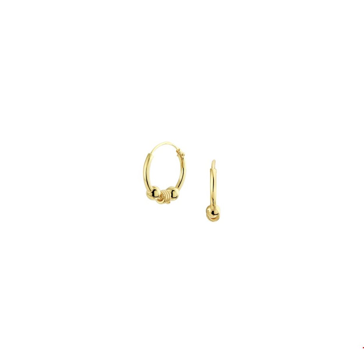 Beschrijving: Trendy geelgoud op zilveren bali creolen met een afmeting van 13x1.3mm en een totale breedte van 3mm. De creolen zijn uitgevoerd met twee bolletjes en daartussen een spiraalvormige element.