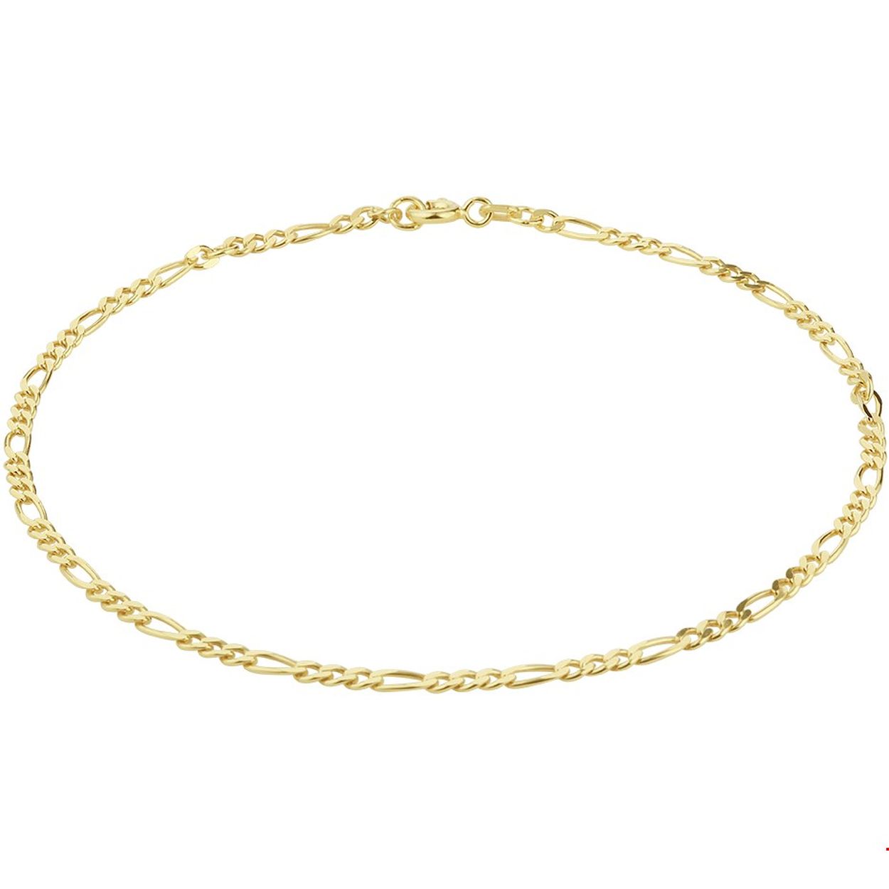 Beschrijving: Geelgoud op zilveren enkelbandje met een figaro schakel. Goed te combineren met bijpassende sieraden uit onze collectie. Het enkelbandje heeft draaglengtes van 24 en 26cm.